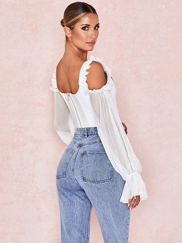 Pbong mid size graduation outfit romantic style teen swag clean girl ideas 90s latina aestheticSexy Women Tops White Spaghetti Strap Off Shoulder Mesh Top Wholesale Ruffle Sleeves Sweet Camis Party Club