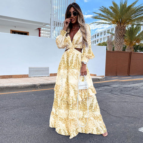Sexy V-Neck Backless Hollow Out Dress Autumn Women Lantern Sleeve Club Party Long Maxi Dresses Tunic Beach Cover Up Pbong mid size graduation outfit romantic style teen swag clean girl id