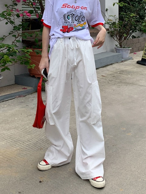 Y2K Streetwear Cargo Pants Women Casual Vintage Baggy Wide Leg Straight Trousers Jogger Big Pockets Oversize Overalls Sweatpants