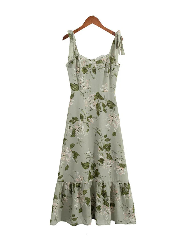 Summer Floral Print Camisole Dress Women Sleeveless Backless Midi Chiffon Dresses