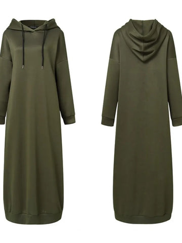 Muslim Dress Women Sweatshirt Dress Stylish Hoodies Long Sleeve Maxi Dress Female Casual Solid Hooded Vestidos Robe S-3XL