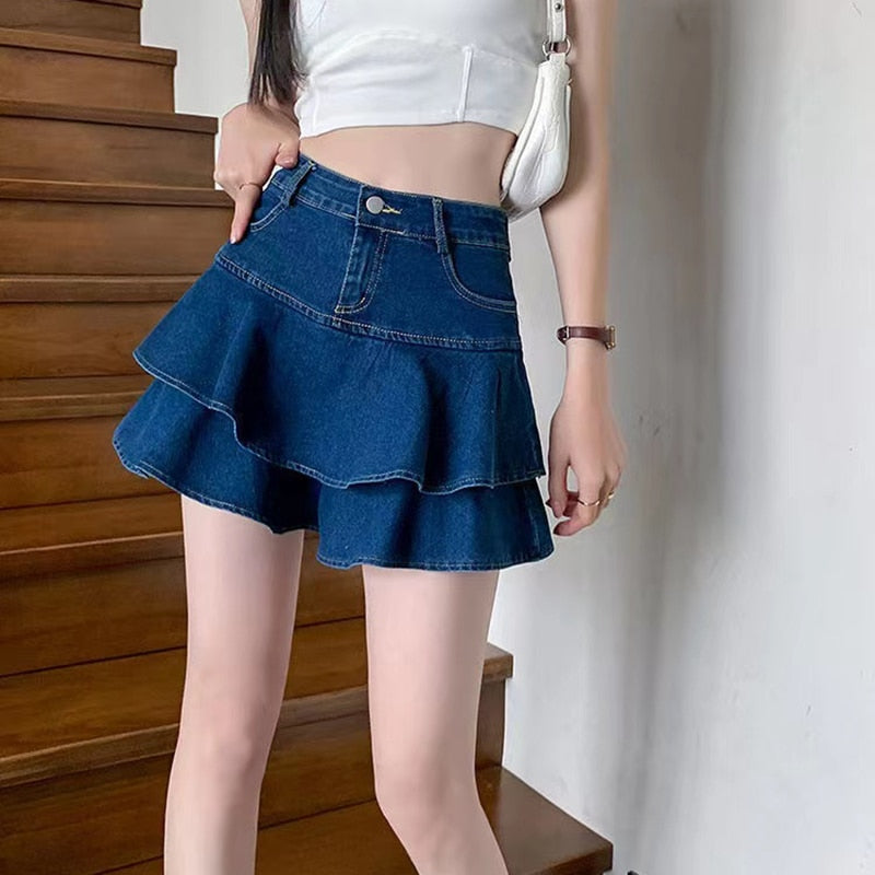 Vintage Denim Mini Skirts Women Summer Sexy Solid Colour Ball Gown Skirts Jeans Female Casual Pocket Slim A-line Mini Skirts