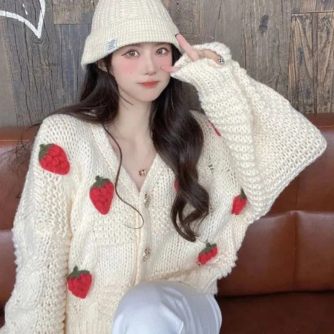 Women Harajuku Strawberry Loose Cardigan Sweater Fall Fashion Long Sleeve Korean Tops Chic Female Preppy Style Y2k Sweater