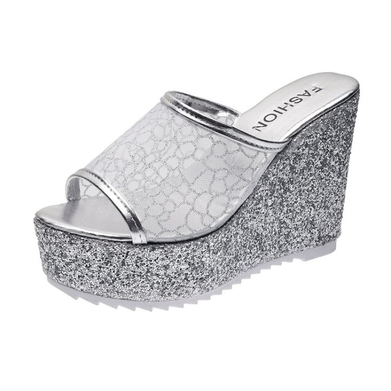 Bling Golden Women Slippers Summer Shoes Platform(4cm) Outside Fitting-room 11cm High Heels Wedges Solid Mesh Female Slides