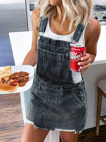 Women's Frayed Hem Adjustable Strap Denim Overall Dress Classic Casual Mini Jean Dresses Pocket Sleeveless Suspender Short Skirt