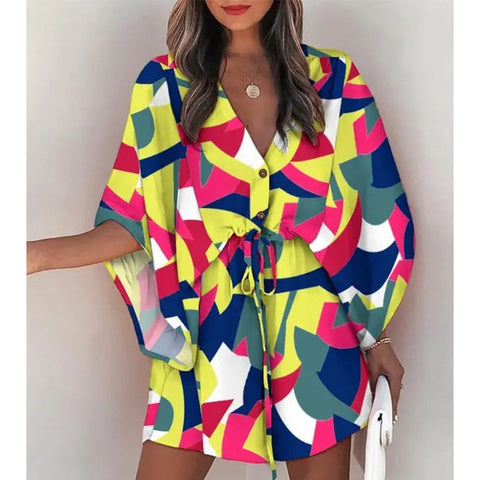 Summer Boho Mini Dress Women Flora Print Batwing Sleeve Lace-Up V Neck Loose Button Dresses Ladies Beach Party Dress Vestido