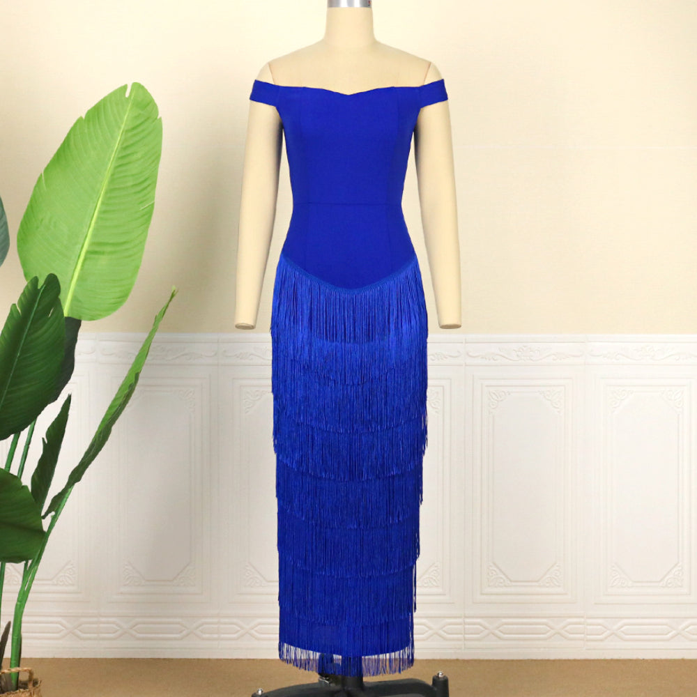 Pbong mid size graduation outfit romantic style teen swag clean girl ideas 90s latina aestheticWomen Dresses Blue Tassels Fringe Sexy Party Off Shoulder Sleevless Elegant Bodycon Long Cocktail Birthday Outfits Celebrate New