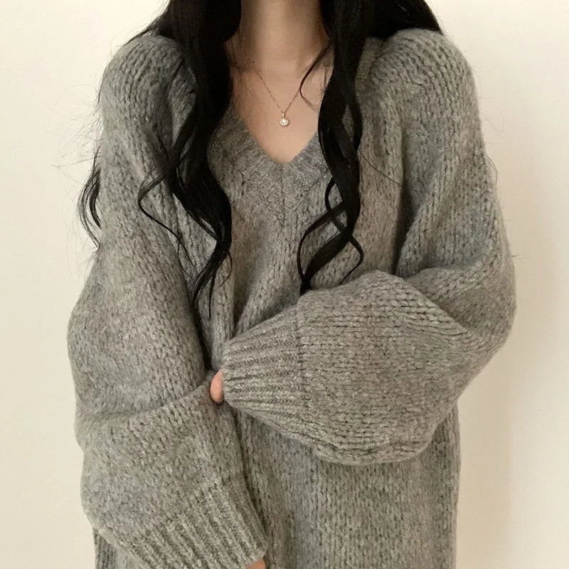 Autumn Winter Women Knitted Sweaters Fashion Korean Oversized Simple V Neck Pullover Harajuku Solid Puff Sleeves Casual Jumpers