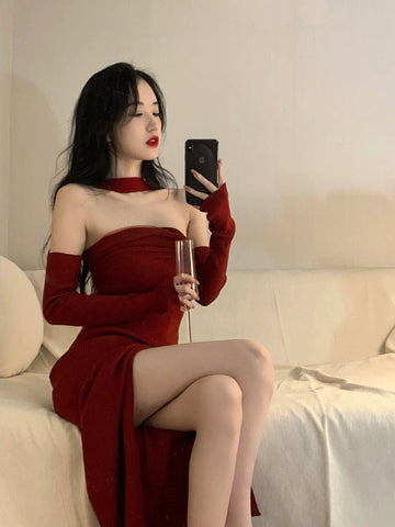 Red Knitted Y2k Dress Women's Sleeveless Halter Split Sexy Solid Stretch Slim Fit Backless Retro Women's Party Dress Elegant