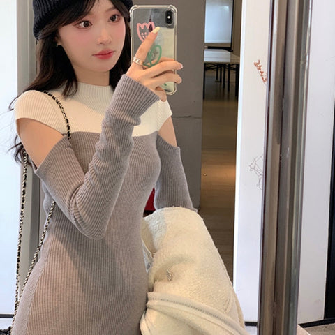 Vintage Sweater Knitted Dresses for Women French Casual Long Sleeve Office Lady Slim One Piece Woman Dress Korean Autumn