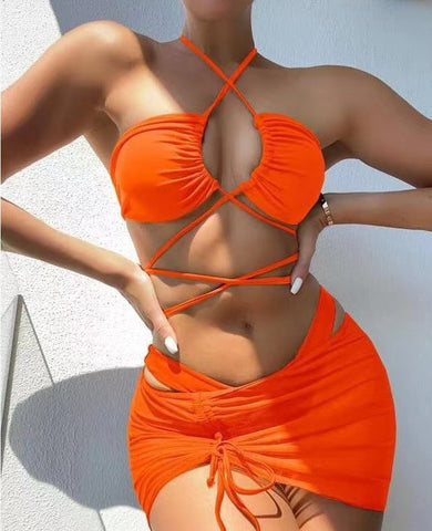 3 Pieces Set Swimsuit Women High Waist Swimwear Sexy Lace Up Micro Bikini Set With Skirt Solid Beachwear Bathing Suit