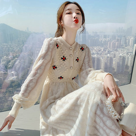 Knitting Sweater Maxi Dresses for Women Female Korea Style Slim Embroidery Wool Long Sleeve Woman Dress Party Autumn Winter