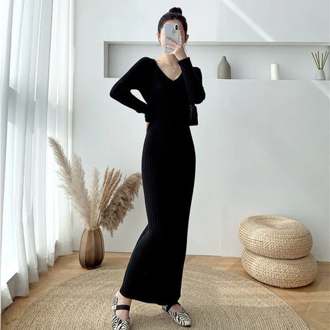 Elegant Solid Women Knitted Dress Simple Korean Slim Long Sleeve Ankle Length Dress Casual V Neck Office Ladies Chic Dress