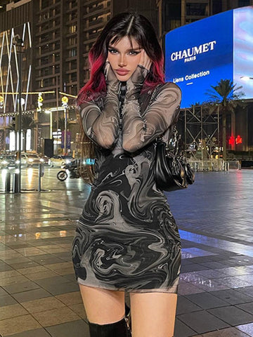 Mesh Print Sexy Mini Dress O Neck Long Sleeve Slim See Through Slim Streetwear Retro Dresses For Women Night Club Party Vestidos