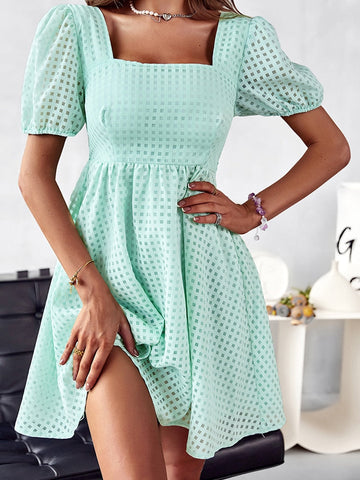 Elegant Solid Puff Short Sleeve Mini Beach Dress Summer Square Collar Hem Party Dress New Women Chic Office Commute A-line Dress