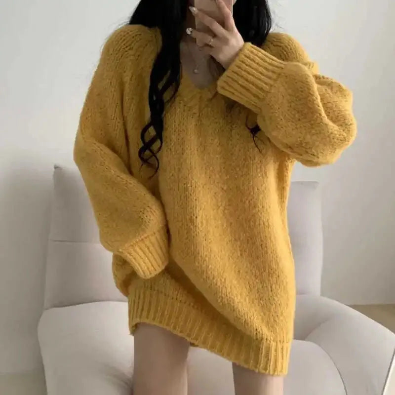 Autumn Winter Women Knitted Sweaters Fashion Korean Oversized Simple V Neck Pullover Harajuku Solid Puff Sleeves Casual Jumpers