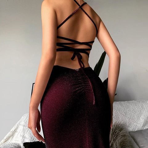 Pink Long Dress Glitter Backless Dress Women Sleeveless Bandage Shiny Dress Spaghetti Strap Bodycon High Split Bling Midi Dress