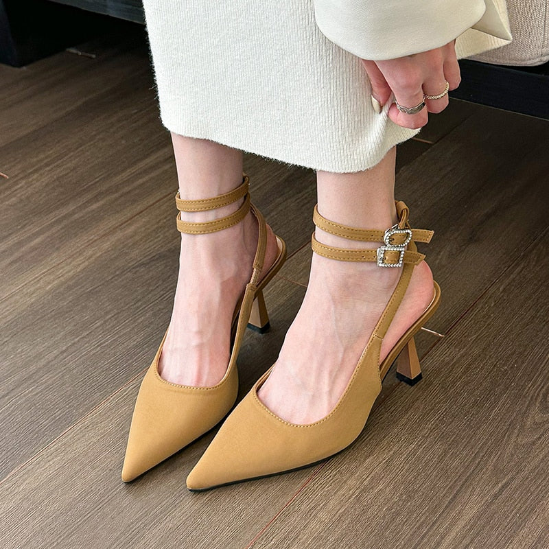 Slingbacks High Heels Pumps Women  Pointed Toe Thin Heeled Party Shoes Woman Solid Color Ankle Buckle Summer Sandals