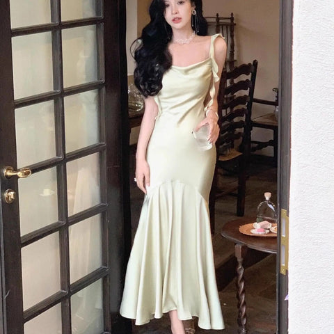 New Summer French Fashion Women Spaghetti Strap Elegant Long Mermaid Ruffles Dresses Evening Party Prom Clothes