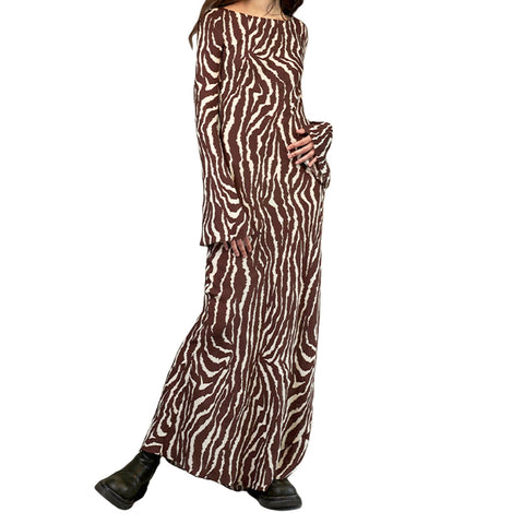 Women Leisure Style Zebra Print Long Dress Retro Casual Long Sleeve Flared Cuff Round Collar Slim Fit Summer Dresses Vintage