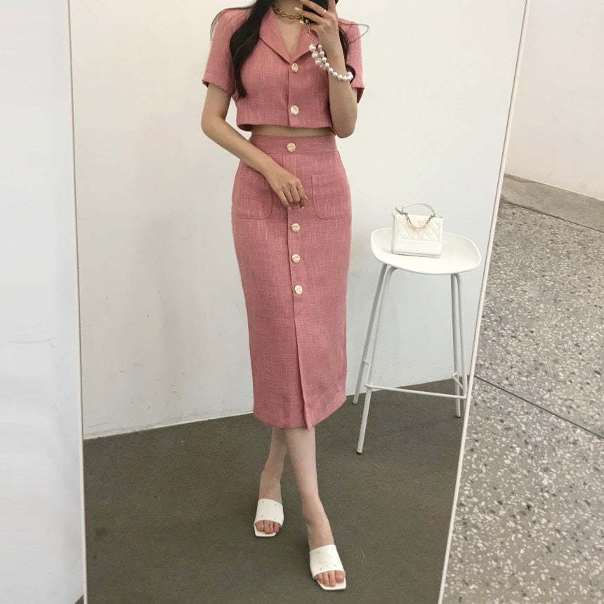 Fashion Korea Elegant Lapel Thin Tweed Small Suit Short Jacket + High Waist Chic Button Slim Womens Two Piece Skirt Sets Summer