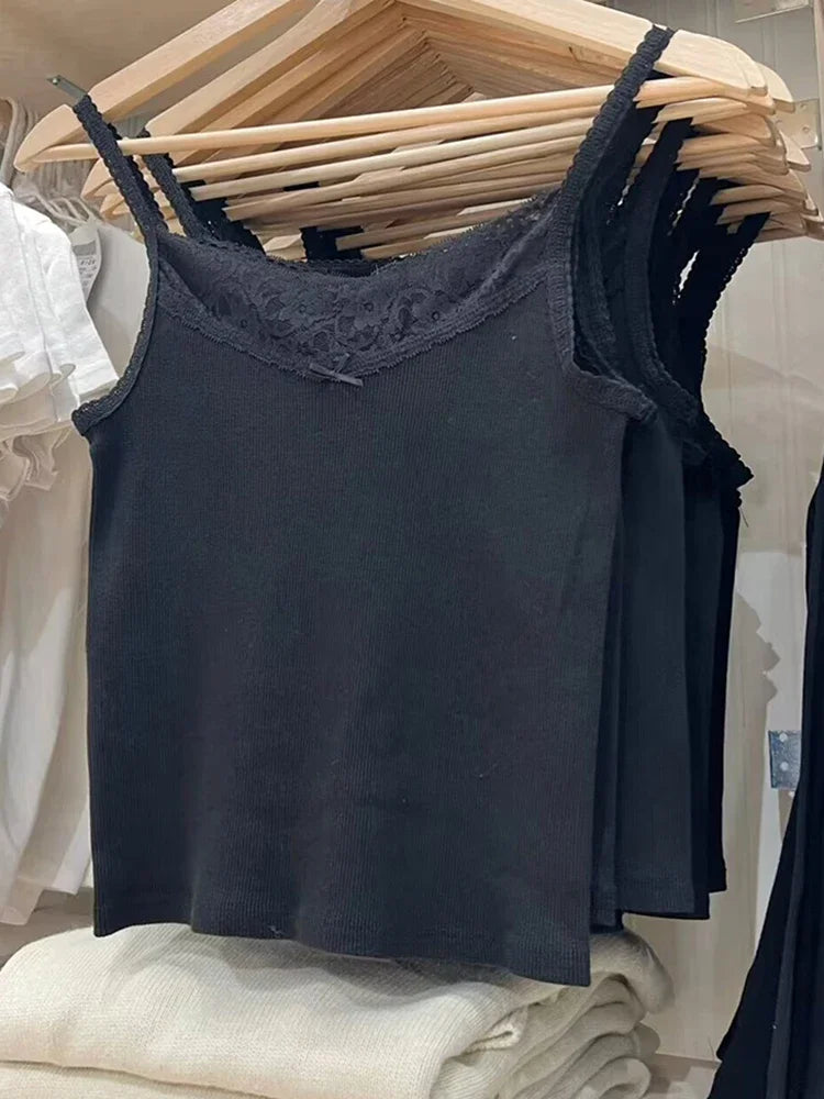 Vintage Women Lace Trim Bow Tank Tops Summer Ladies Casual Cute Black Cotton Camis Female Sweet Y2k Slim Crop Top