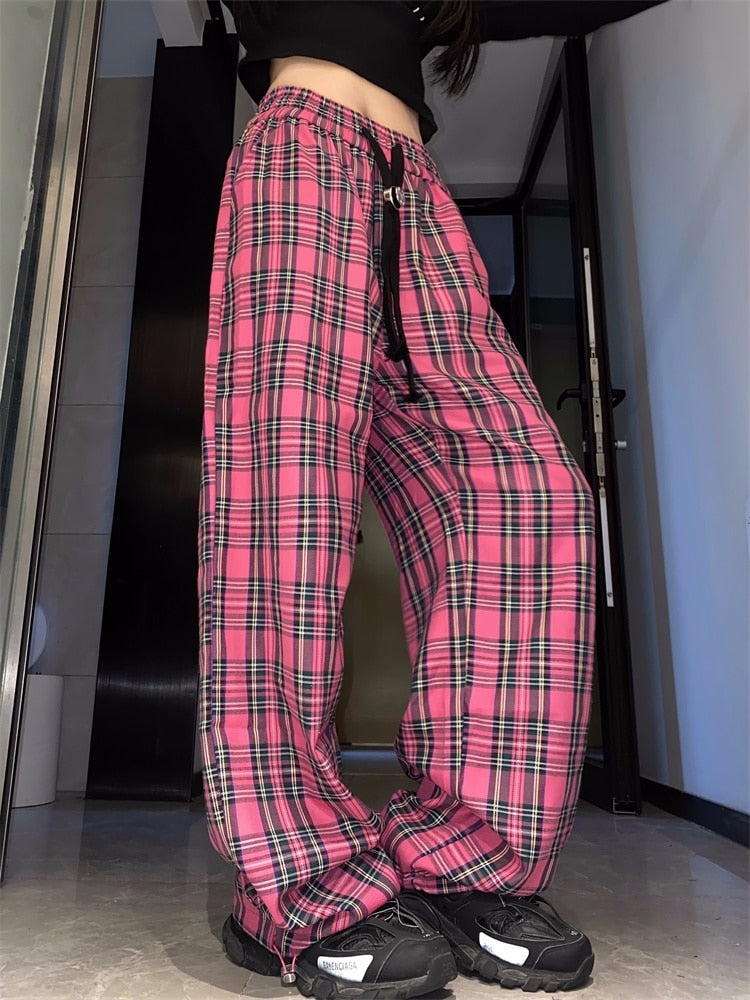 Harajuku Pink Plaid Pants Women Cyber Y2K Egirl Wide Leg Checked Trousers Female Oversize Streetwear Edgy Style Sweatpants