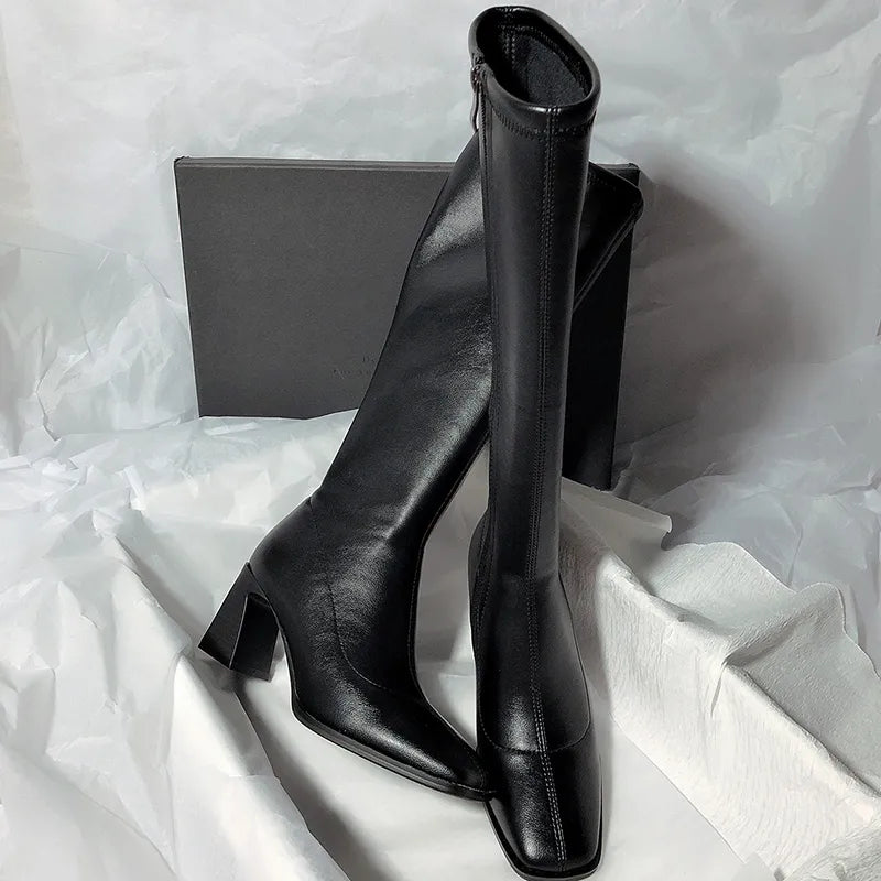 Patent Leather High Heels Long Boots Women  Autumn Square Toe Knee-high Botas Woman Side Zipper Thick Heeled Shoes Female