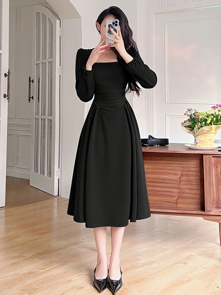 Folds Puff Sleeve Corsets Women Midi Dress Sexy Elegant Bodycon Autumn Elegant Party Casual Lady Long Dress Streetwear