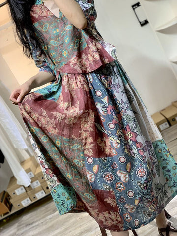 Oversized Fake Two Piece Set Summer Floral Long Dress Women Plaid Cotton Linen Loose Ladies Dresses Casual Dress Woman