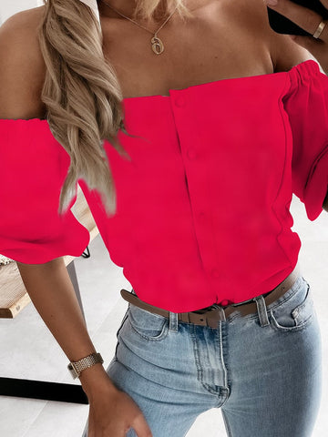 Women Sexy Slash Neck Lantern Sleeve Blouse Summer Solid Off Shoulder Single-breasted Tops Elegant Office Casual Shirt Cardigan