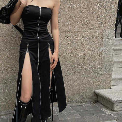 Fashion Zip Up Midi Dresses Cyber Y2k Mall Gothic Split Women Tube Dress Partywear Punk Off Shoulder Outfits