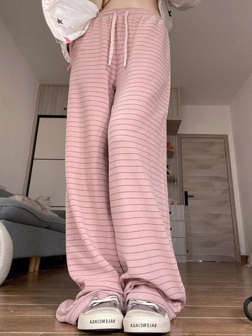 Korean Fashion Pink Pants Women Harajuku Sweet Striped Wide Leg Trousers Female Oversized Girly Basic Pantalones Summer