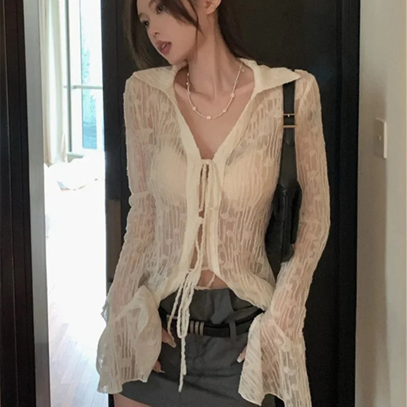 Sexy Transparent Blouse Women Lace Korean Fashion Harajuku Long Sleeve See Through Black Goth Slim Shirts Y2k Aesthetic