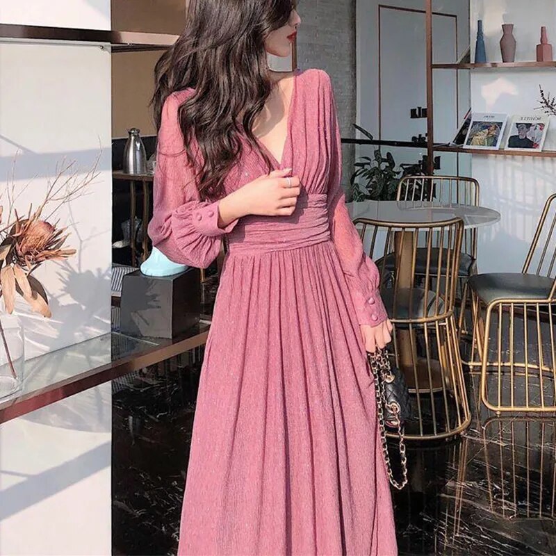 Spring Autumn V-neck Elegant Fashion Sequins Dresses Women Long Sleeve Temperament Evening Party Maxi Dress Robe Femme Vestidos