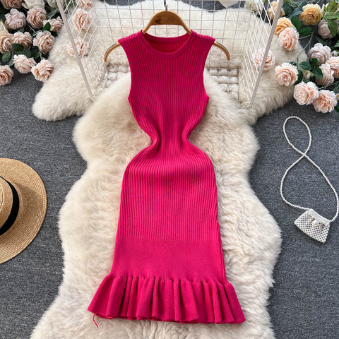 Chic Sexy Sleeveless Bodycone Mermaid Dress Elastic Knit Elegant Vestidos Vintage Summer Women Beach Vacation Fishtail Dresses