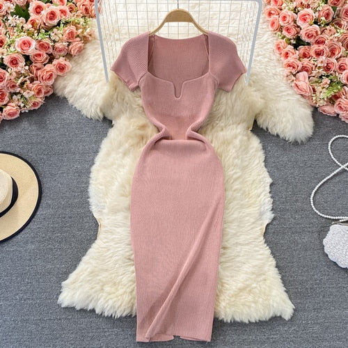 Sexy Chic Elastic Knit Bodycone Pencil Dress Solid Tight Midi Wrap Vestidos Korean Fashion Party Basic Slim Summer Women Robe