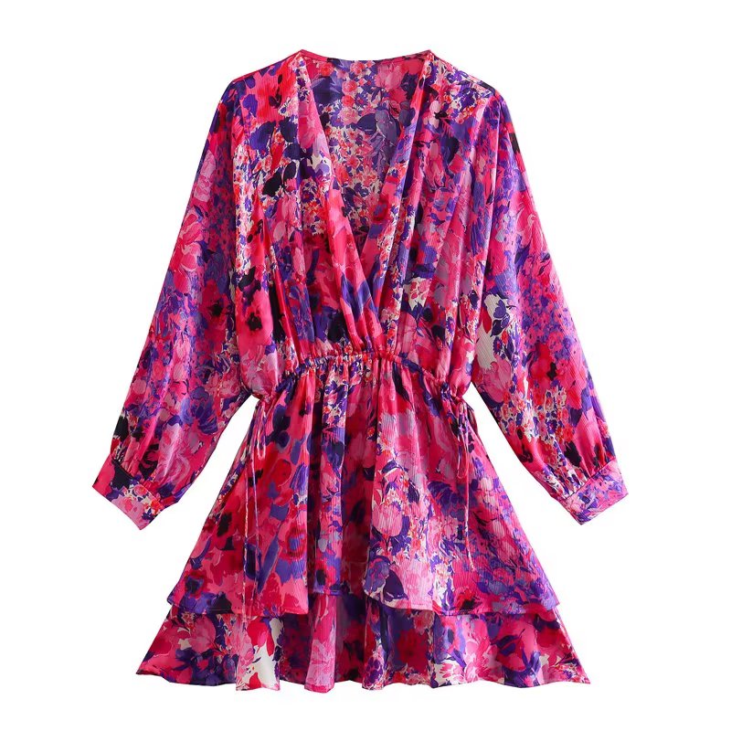 Women Fashion V Neck Floral Print Double Layer Ruffles A Line Mini Shirt Dress Female Chic Loose Lace Up Lady Outfit