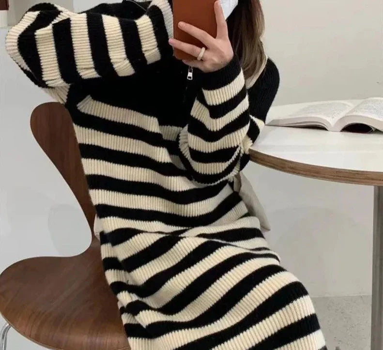 Korean Chic Big Lapel Zipper Stripe Mid Length Knit Dress Autumn Winter Pullover Long Sleeve Loose Warm Women Dress  New