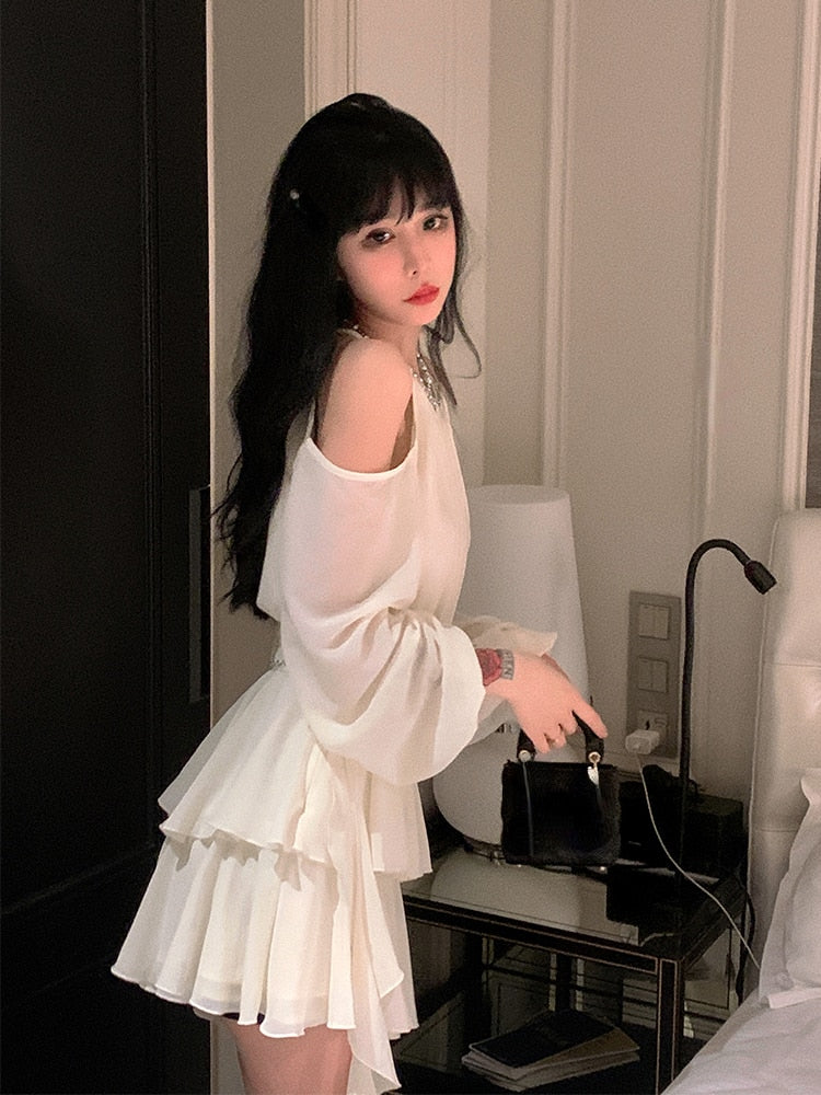 Autumn Fairy Pure Color Short Party Dress Korean Fashion Elegant Mini Dress Woman Design Casual Long Sleeve Dress Female