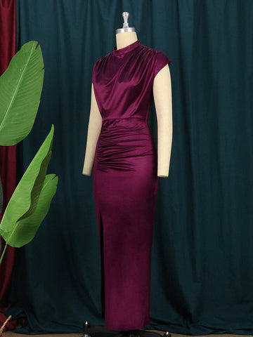 Pbong mid size graduation outfit romantic style teen swag clean girl ideas 90s latina aestheticWomen Dress Pleated Long Wine Red Elegant Slit High Collar Slim Fit Sleeveless Maxi Robes Female Shiny Gowns Party Spring