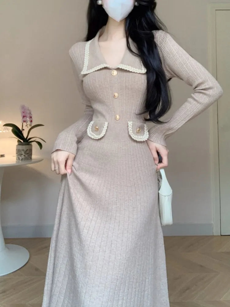 Women Fashion Soft Ribbed Knitting Midi Dress Autumn Winter Long Sleeve Turn Down Collar Button Sweater Clothes Female Jumper