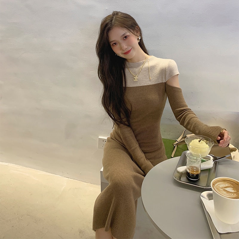 Vintage Sweater Knitted Dresses for Women French Casual Long Sleeve Office Lady Slim One Piece Woman Dress Korean Autumn