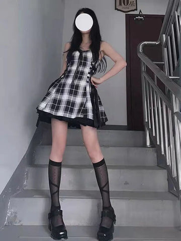 Kawaii Lolita Plaid Mini Dress Gothic E Girl Y2k Dresses Ulzzang Sweet Aesthetic Sets Sundress Fairy Grunge Cute Mall Dresses