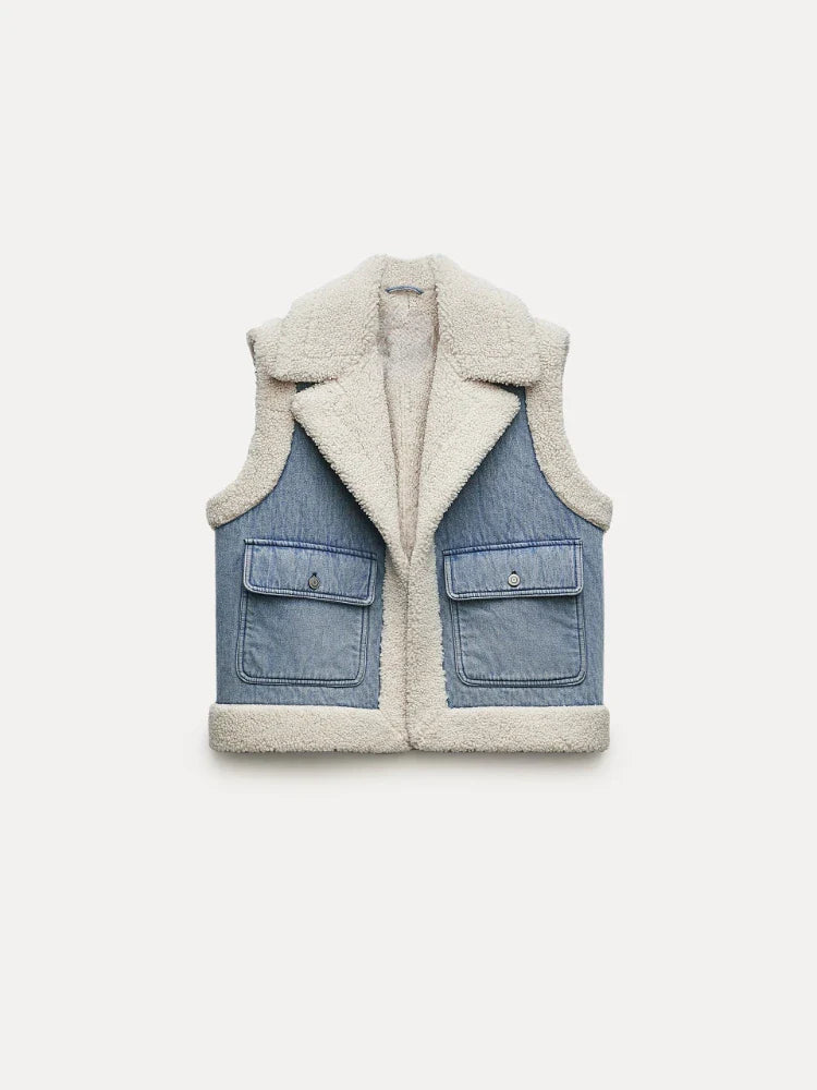 Denim Fabric Lamb Faux Fur Women Vest Patchwork Sleeveless Lapel Open Front Loose Warm Waistcoat Autumn Winter Chic Casual Tops