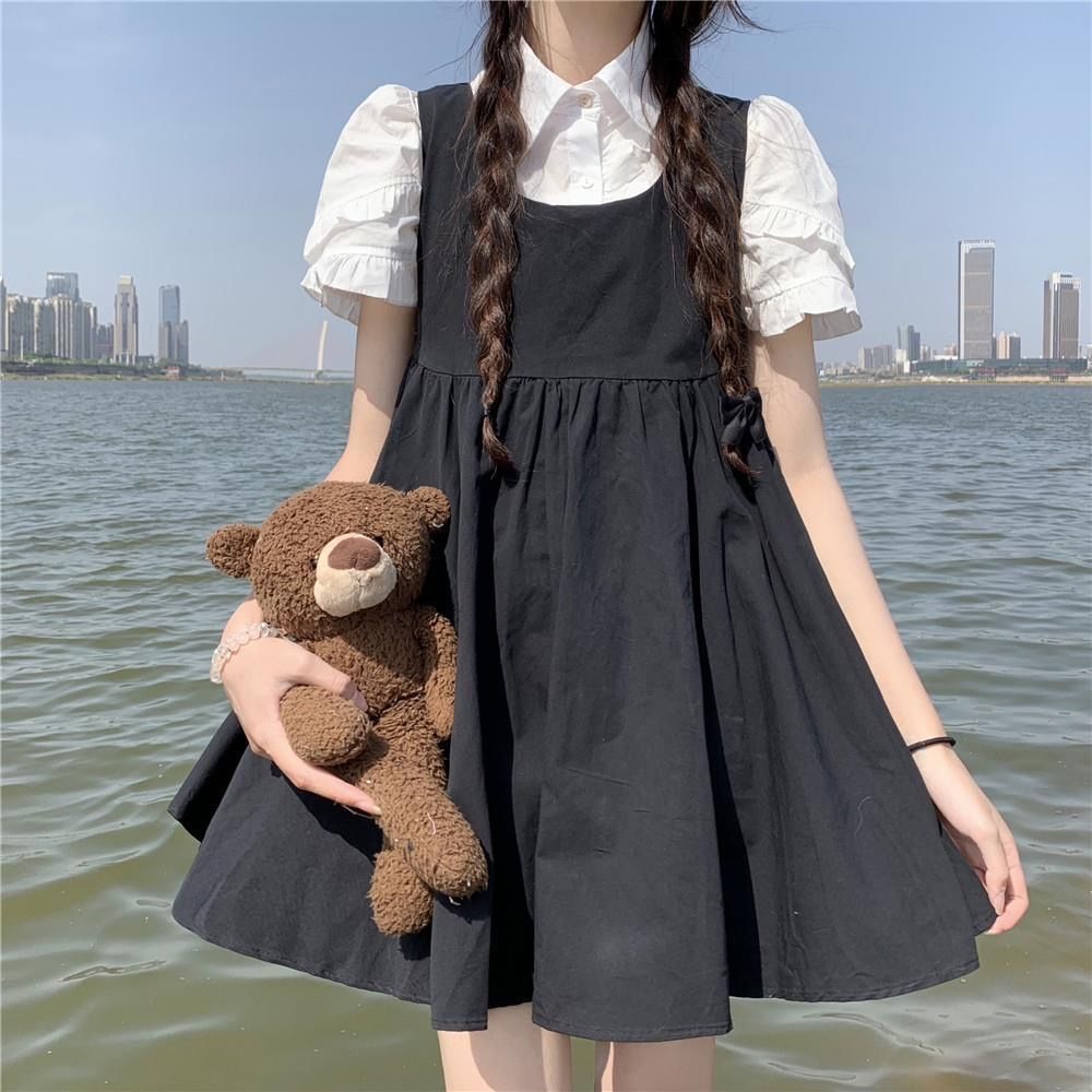 One Piece/Set Summer Retro Petal Sleeve Shirt+Sweet High Waist Strap Dress Two Piece Set Women's Fashion