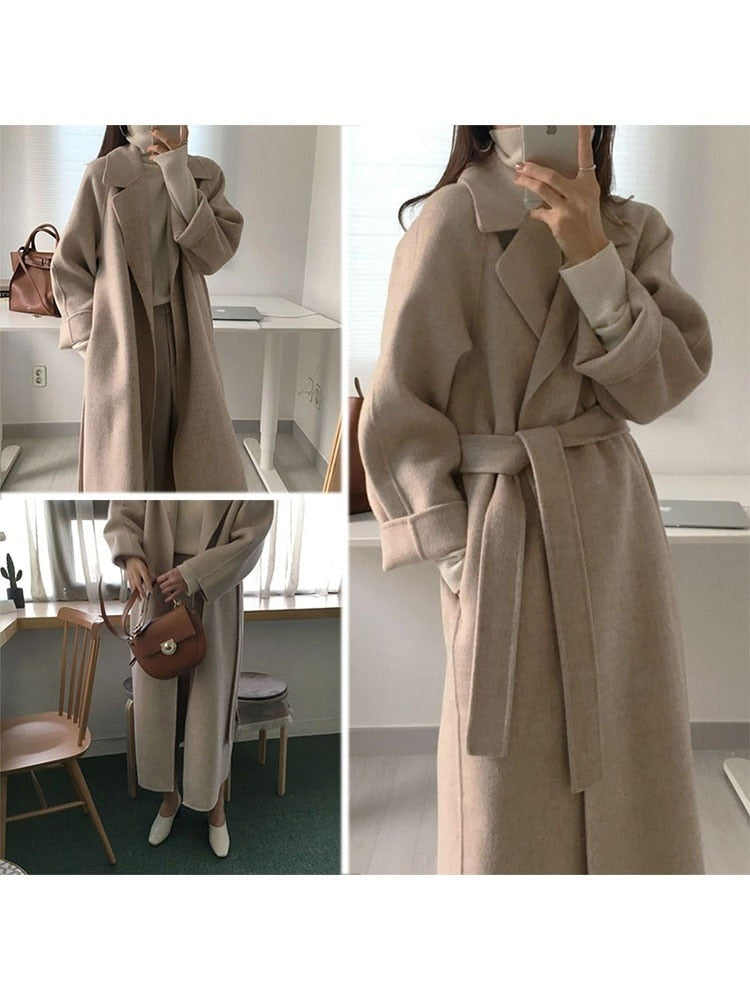 French Lazy Style Warm Female Fresh Winter Classical Belt Retro Loose Women Woolen Coats Chic Casual Long Coat Long