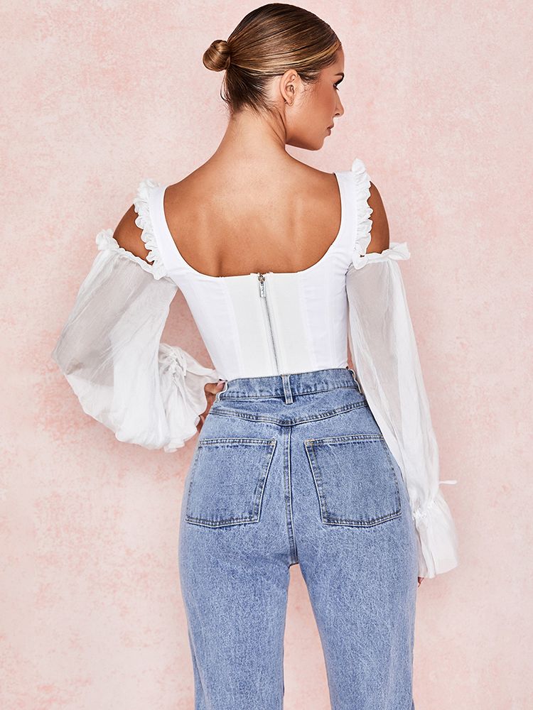 Pbong mid size graduation outfit romantic style teen swag clean girl ideas 90s latina aestheticSexy Women Tops White Spaghetti Strap Off Shoulder Mesh Top Wholesale Ruffle Sleeves Sweet Camis Party Club