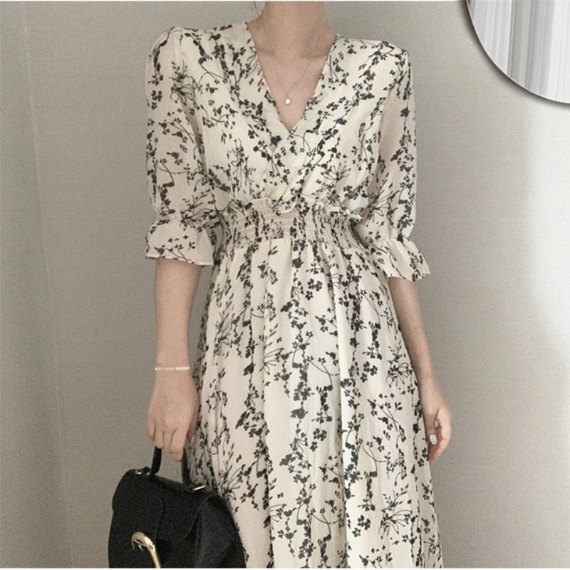 Vintage Korea Fashion Clothing Summer Slim Elastic Waist A Line V Neck Elegant Office Lady Floral Chic Chiffon Long Dress Retro