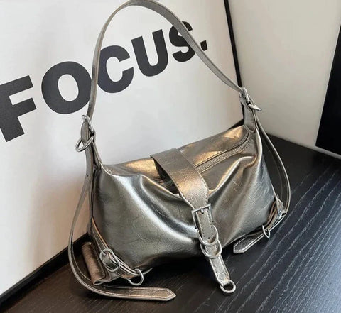 Silver Leather Crossbody Bags for Women Luxury Y2k Korean Fashion Underarm Shoulder Bag Female Armpit Bag Handbags